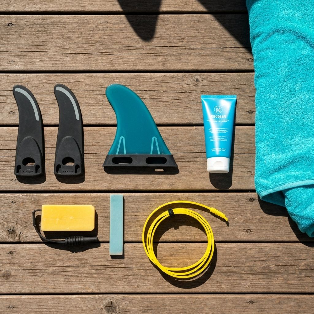 Curated surf gear laid out
